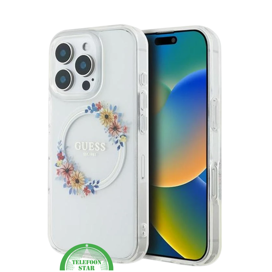 transparante iPhone 16 Pro hoesje met kleurrijk bloemenontwerp