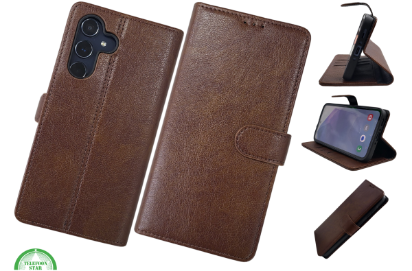 S25 Plus Boek Case Leer Wallet Case Donker Bruin