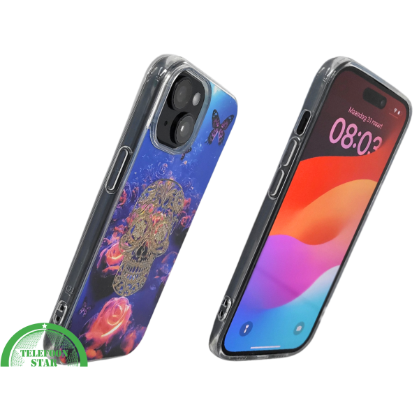 iPhone 15 Plus Hoesje &ndash; Neon Skull &amp; Vlinder Design | Creatief, Stoer &amp; Beschermend – foto 2
