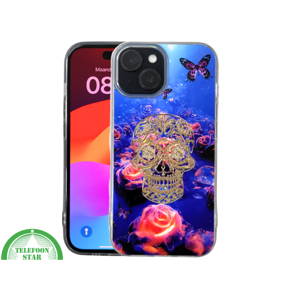 iPhone 15 Plus Hoesje &ndash; Neon Skull &amp; Vlinder Design | Creatief, Stoer &amp; Beschermend – foto 3