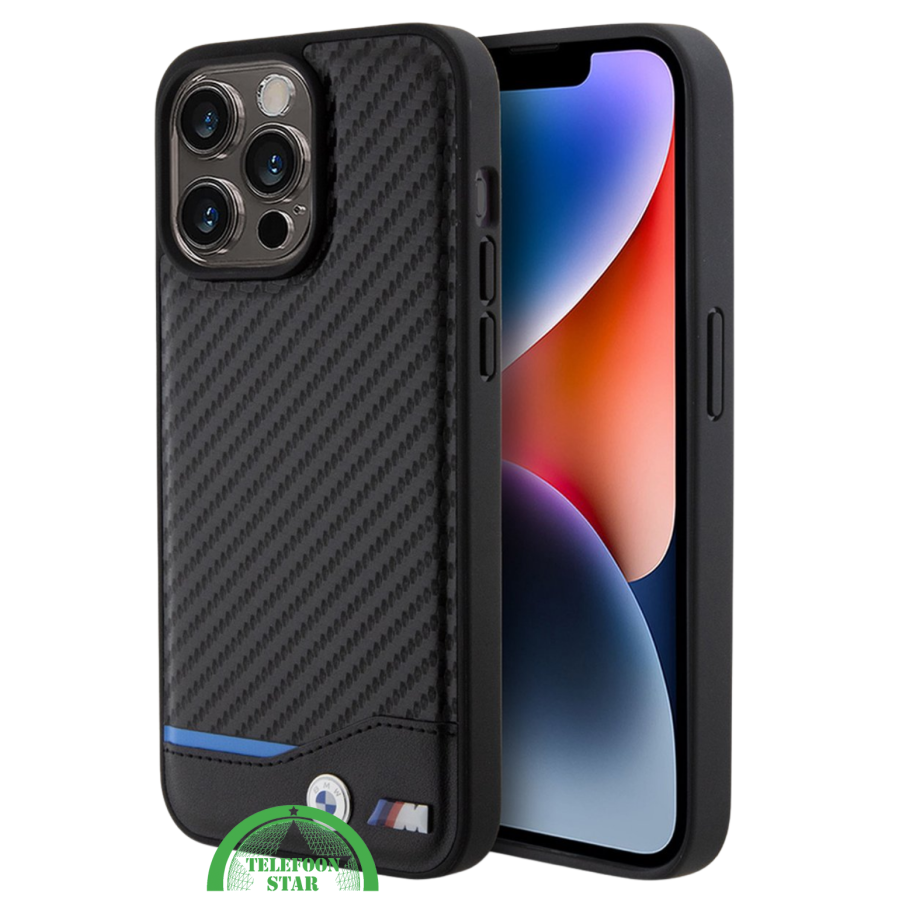 iPhone 15 Pro Design Hoesje &ndash; Zwart Carbon Look met Blauw Streepdetail