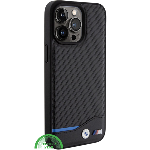 iPhone 15 Pro Design Hoesje &ndash; Zwart Carbon Look met Blauw Streepdetail – foto 2