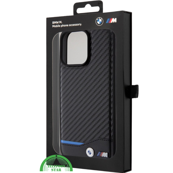 iPhone 15 Pro Design Hoesje &ndash; Zwart Carbon Look met Blauw Streepdetail – foto 4