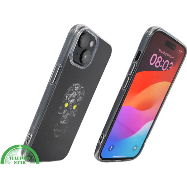 iPhone 15 Plus Hoesje &ndash; Zwart Schedel Design met Bloemen | Kunstzinnig &amp; Beschermend – foto 2