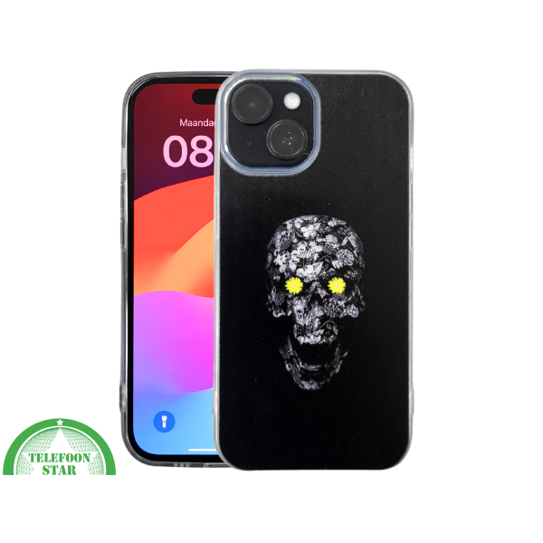 iPhone 15 Plus Hoesje &ndash; Zwart Schedel Design met Bloemen | Kunstzinnig &amp; Beschermend – foto 3