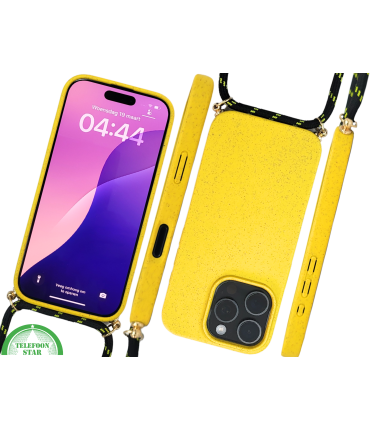 Gele Koord Hoesje &ndash; Duurzaam Siliconen Crossbody Case met Verstelbaar Draagkoord voor iPhone 16 Pro