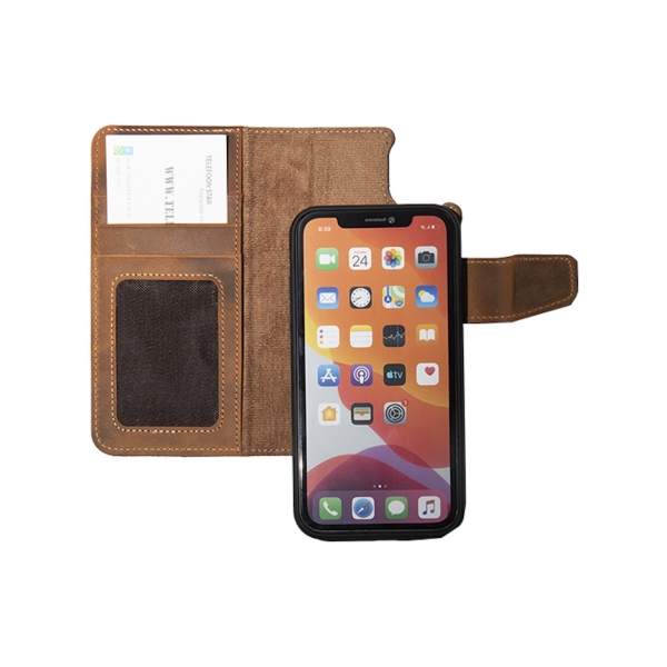 iPhone 15 Plus 100% leer hoesje | Ruimte voor drie pasjes | 2 in 1 functie | Bruin – foto 3