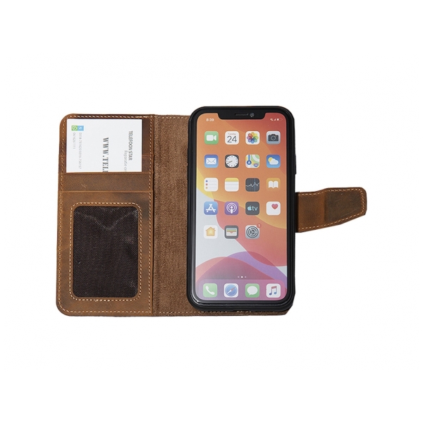 iPhone 15 Plus 100% leer hoesje | Ruimte voor drie pasjes | 2 in 1 functie | Bruin – foto 5