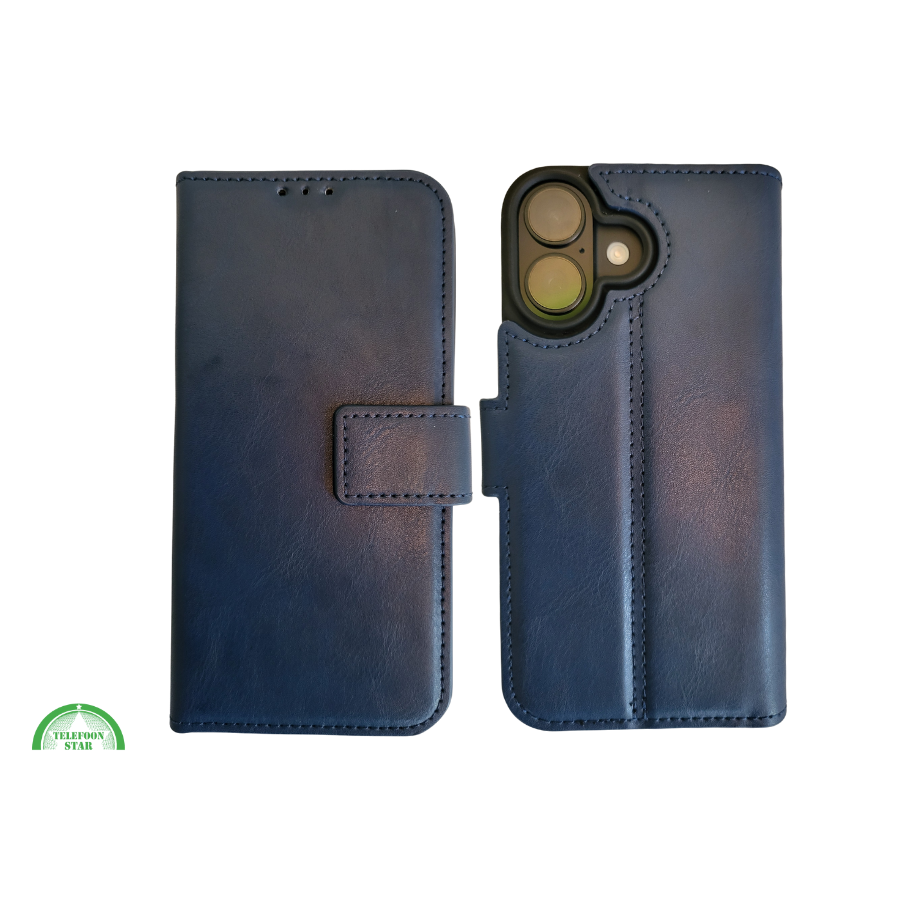Boek Case Leer Wallet Case Donkerblauwe iPhone 16