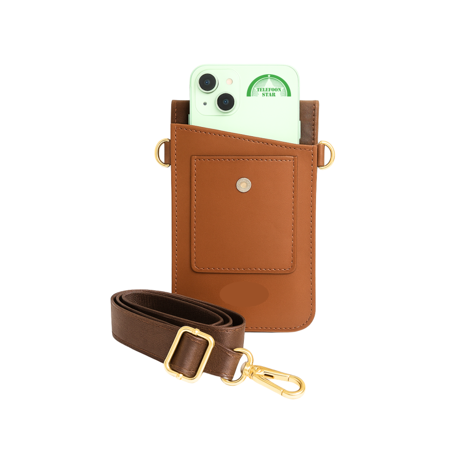 iPhone Fold Universeel Telefoontasje met Verstelbare Schouderband Bruin