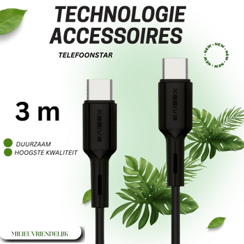 USB-C naar USB-C Kabel &ndash; 3 Meter &ndash; 65W zwart Snel Opladen & Data Sync