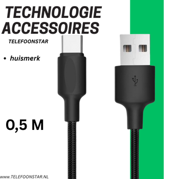 USB-A naar USB-C Kabel &ndash; 50cm &ndash; Snelladen & Gevlochten &ndash; Compact & Krachtig &ndash; Zwart