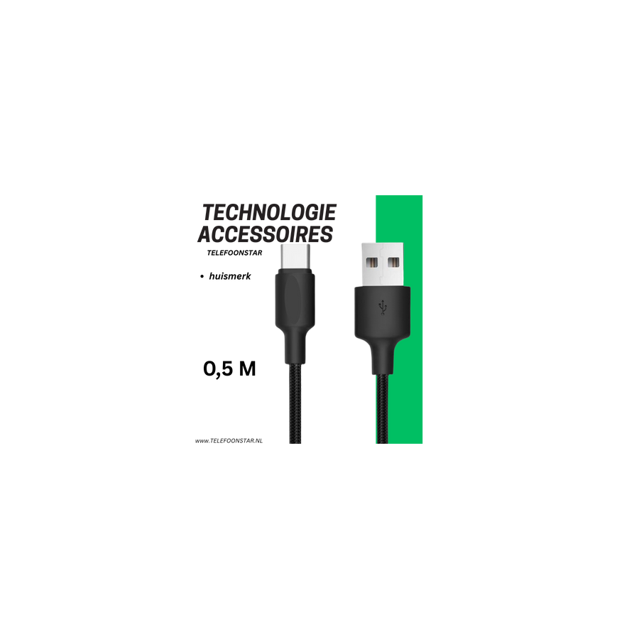 USB-A naar USB-C Kabel &ndash; 50cm &ndash; Snelladen &amp; Gevlochten &ndash; Compact &amp; Krachtig &ndash; Zwart
