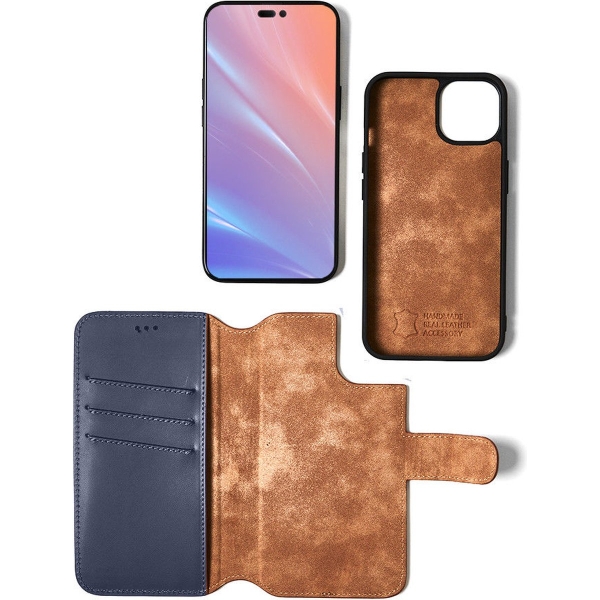 iPhone 15 2 in 1 Hoesje | 100% Leer | Minimalistisch | Blauw – foto 5