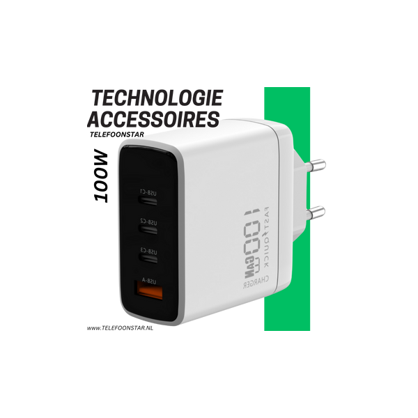 100W GaN Snellader met USB-A en 3x USB-C &ndash; Geschikt voor Laptop, Tablet en Smartphone – foto 2