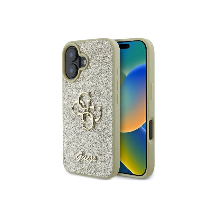 Guess Gouden Glitter Hoesje voor iPhone 16 - Stijlvolle Bescherming met Glamour