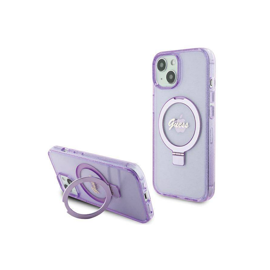 iPhone 15 MagSafe met Ringstandaard Hoesje | Guess Hoesje | Glitter Paars