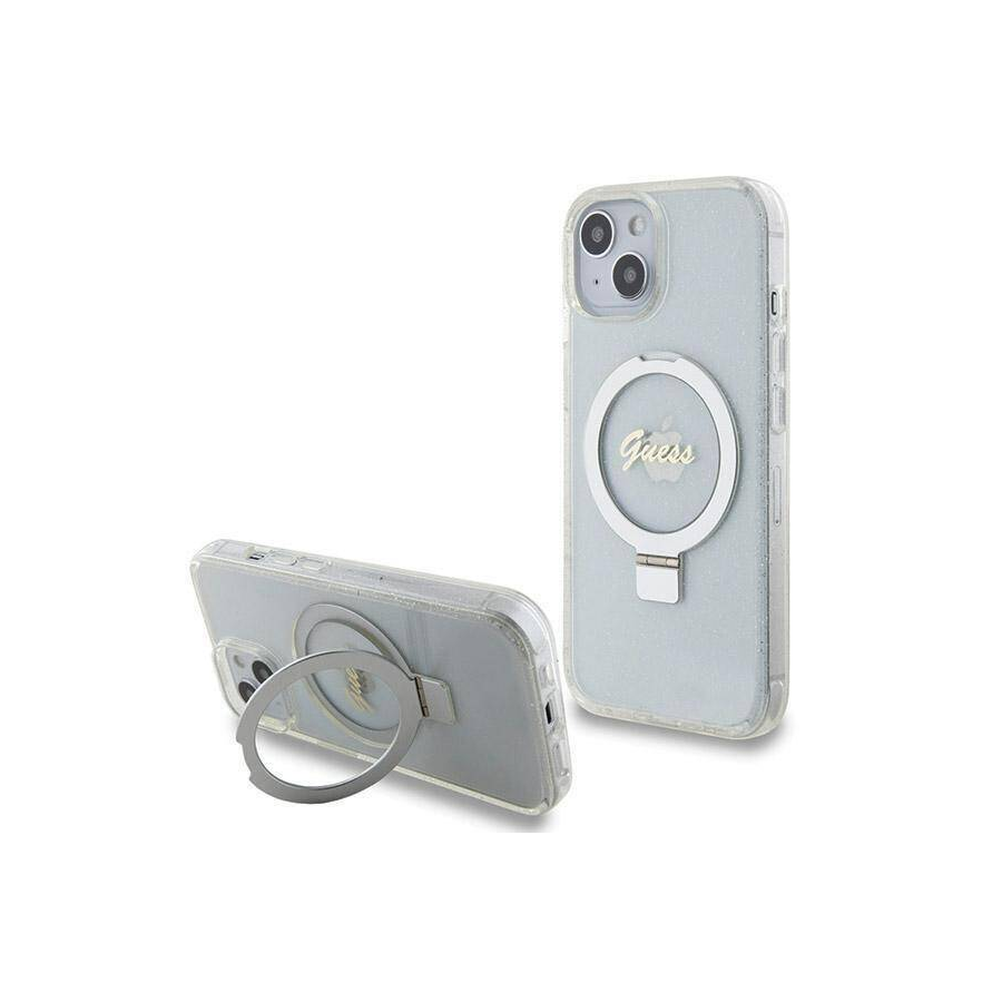 iPhone 15 MagSafe met Ringstandaard Hoesje | Guess Hoesje | Glitter Transparant
