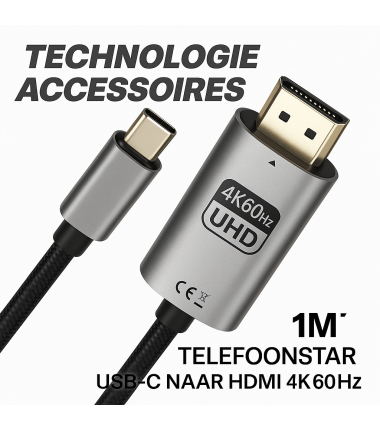 USB-C naar HDMI Kabel &ndash; 4K 60Hz &ndash; Plug & Play &ndash; Sluit je telefoon, tablet of laptop direct aan op je TV