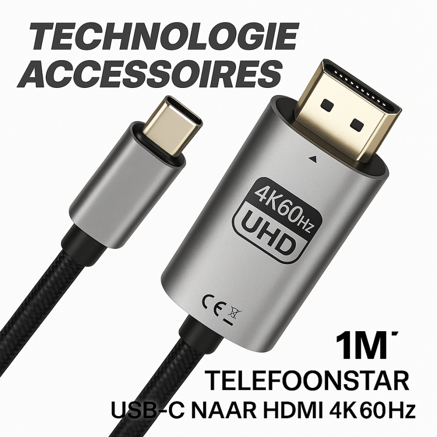 USB-C naar HDMI Kabel &ndash; 4K 60Hz &ndash; Plug &amp; Play &ndash; Sluit je telefoon, tablet of laptop direct aan op je TV