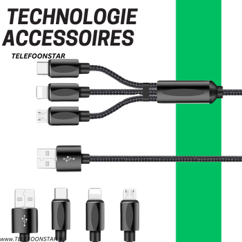 3-in-1 USB Oplaadkabel &ndash; USB-C, Micro-USB & Lightning &ndash; 1.2 Meter &ndash; Sterk Gevlochten