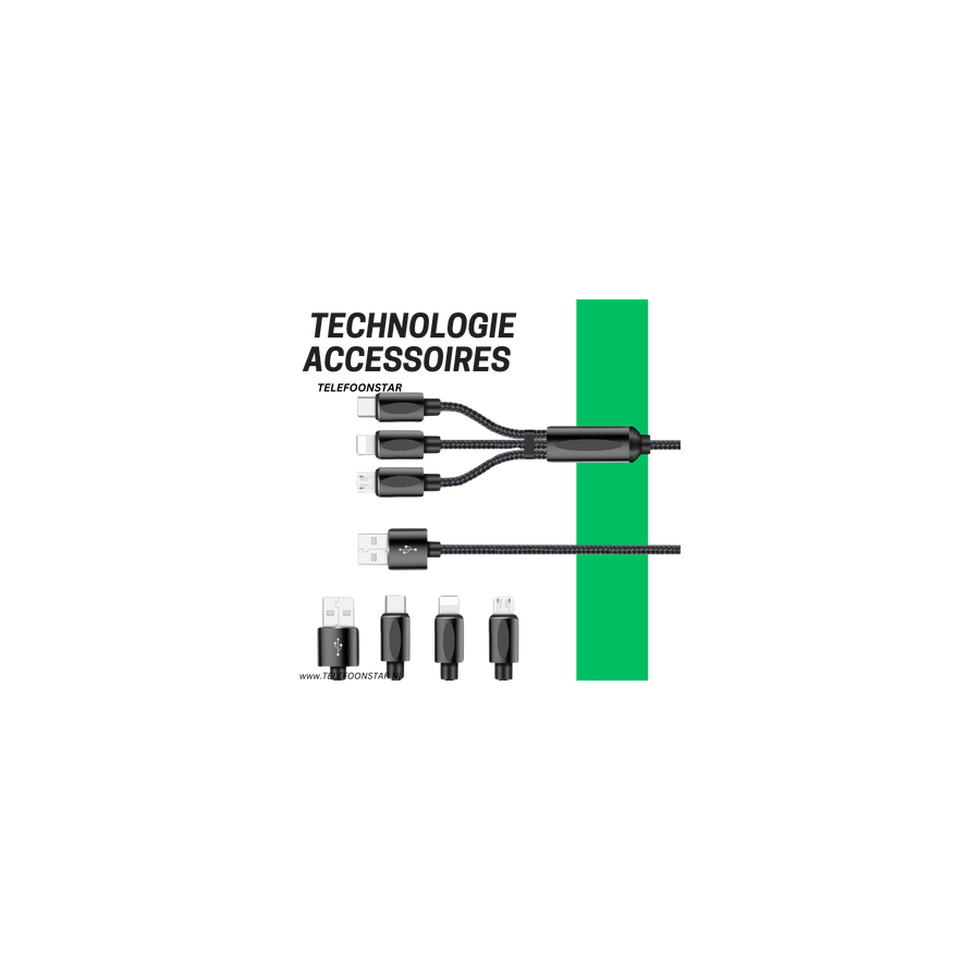 3-in-1 USB Oplaadkabel &ndash; USB-C, Micro-USB &amp; Lightning &ndash; 1.2 Meter &ndash; Sterk Gevlochten