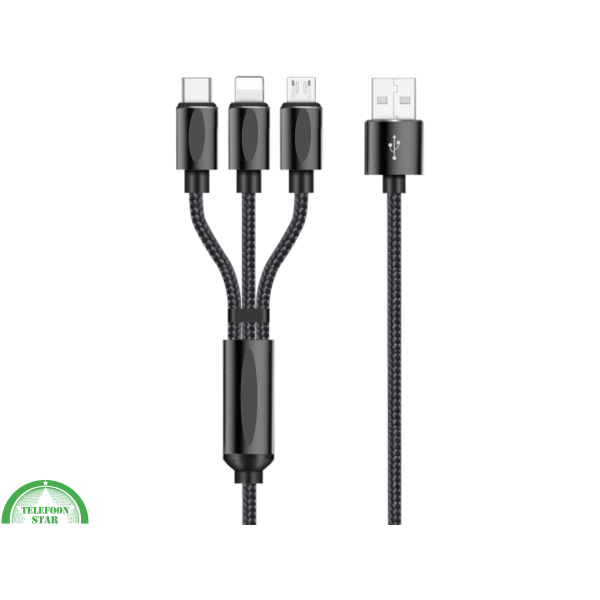 3-in-1 USB Oplaadkabel &ndash; USB-C, Micro-USB &amp; Lightning &ndash; 1.2 Meter &ndash; Sterk Gevlochten – foto 3