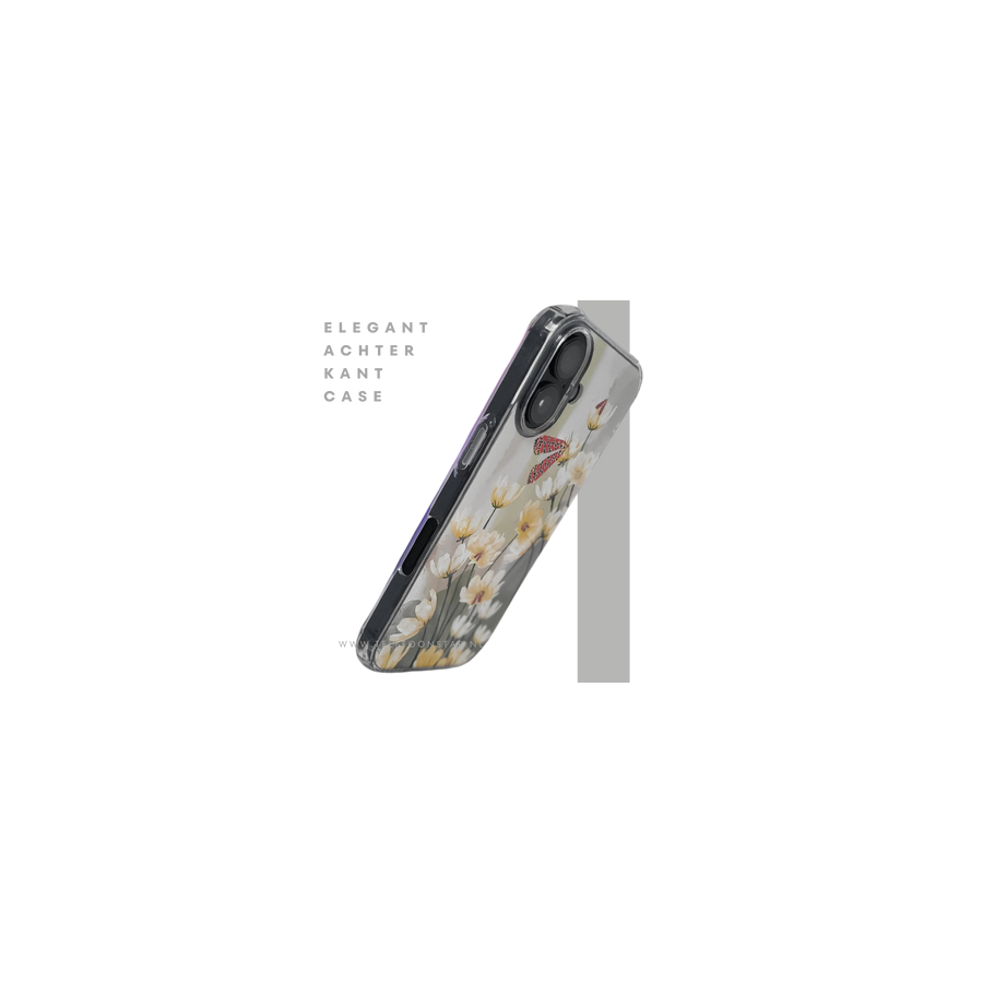 iPhone 16 hoesje transparant met bloemen en vlinder design schokbestendig