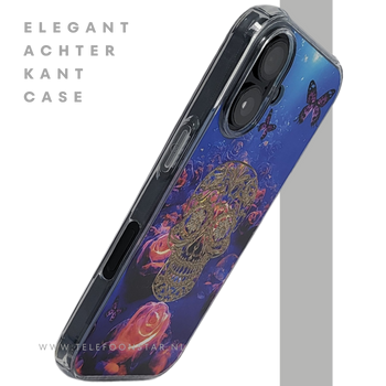 iPhone 16 hoesje transparant met neon skull en vlinder design schokbestendig