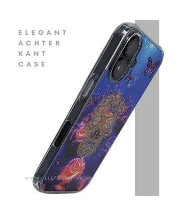 iPhone 16 hoesje transparant met neon skull en vlinder design schokbestendig