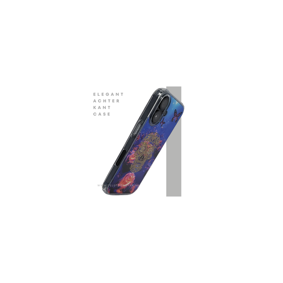 iPhone 16 hoesje transparant met neon skull en vlinder design schokbestendig