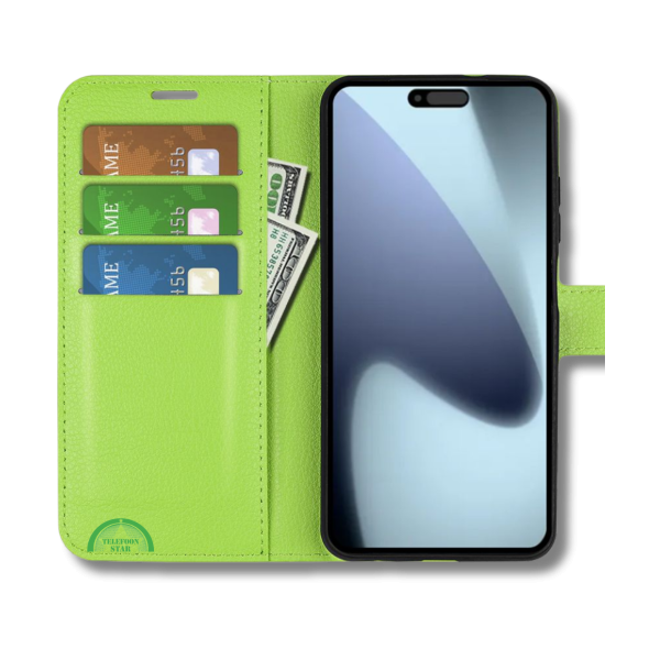 Hoesje voor iPhone 17  lichtgroen Bookcase Slim Leren met Pasjeshouder – foto 2