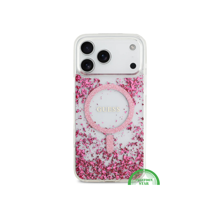 iPhone 17 Pro Max Guess MagSafe Hoesje &ndash; Roze Glitter Transparante Bescherming