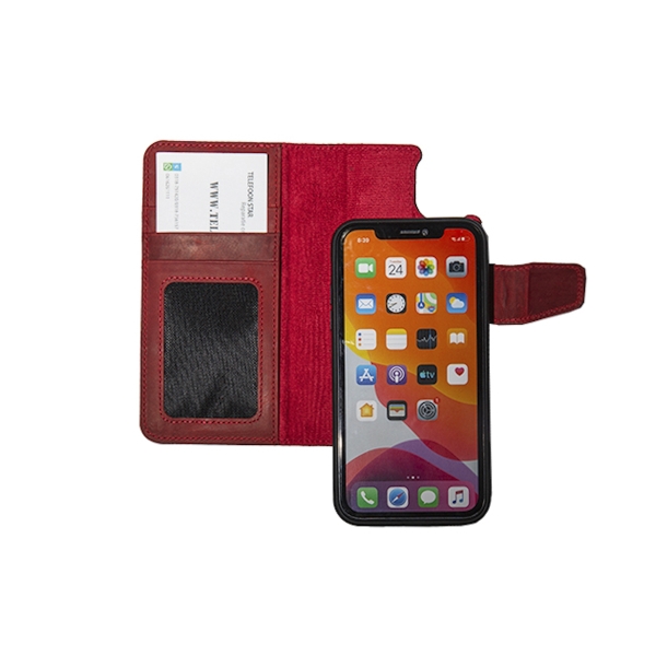 iPhone 15 Plus 100% leer hoesje | Ruimte voor drie pasjes | 2 in 1 functie | Rood – foto 3