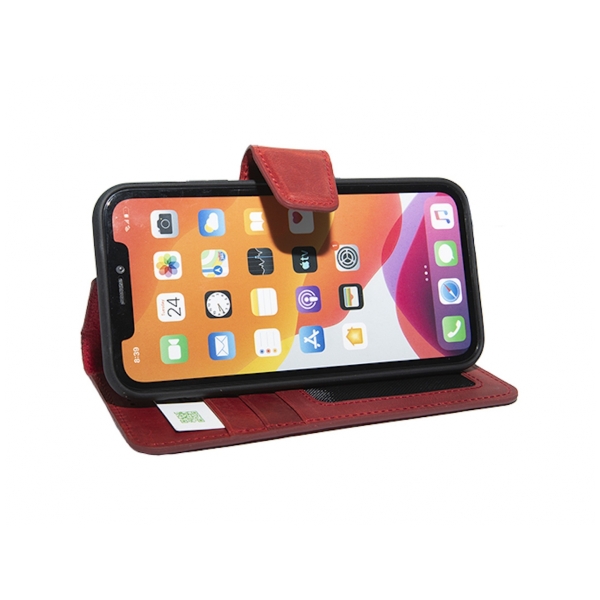 iPhone 15 Plus 100% leer hoesje | Ruimte voor drie pasjes | 2 in 1 functie | Rood – foto 4