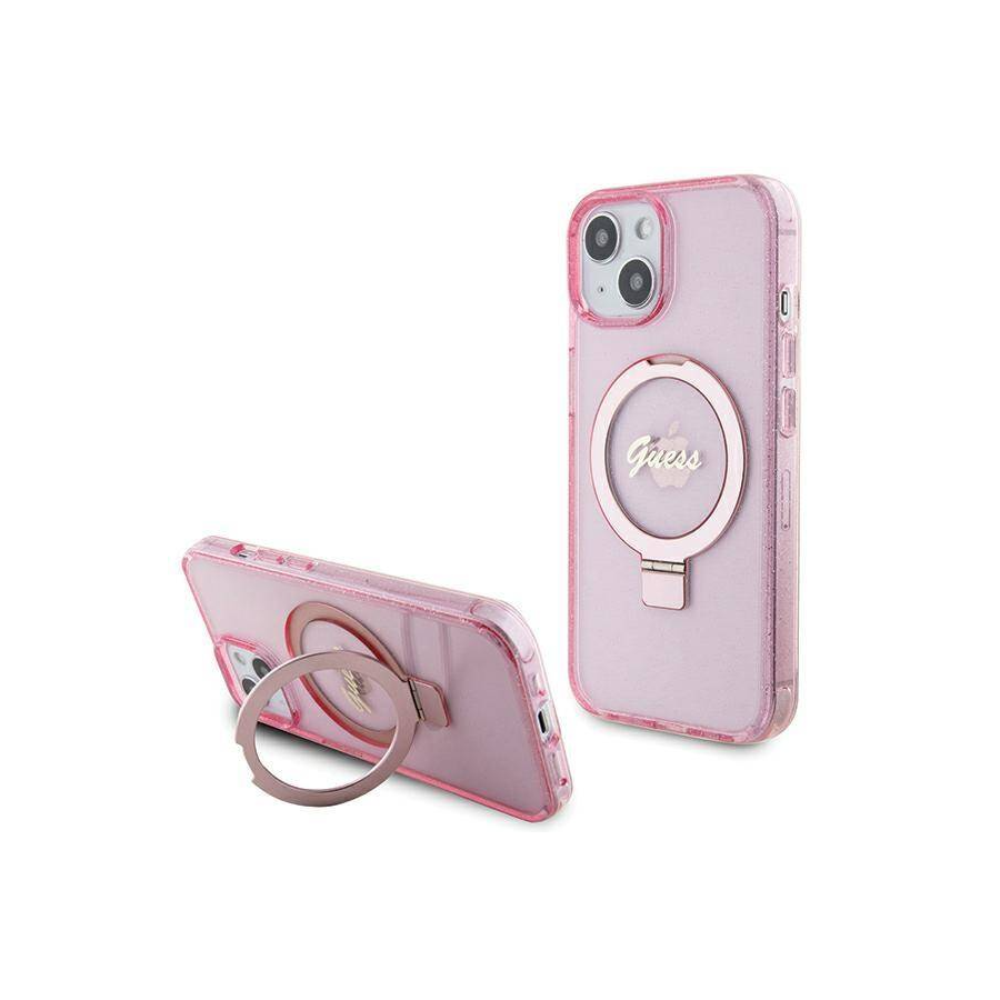 iPhone 15 MagSafe met Ringstandaard Hoesje | Guess Hoesje | Glitter Roze