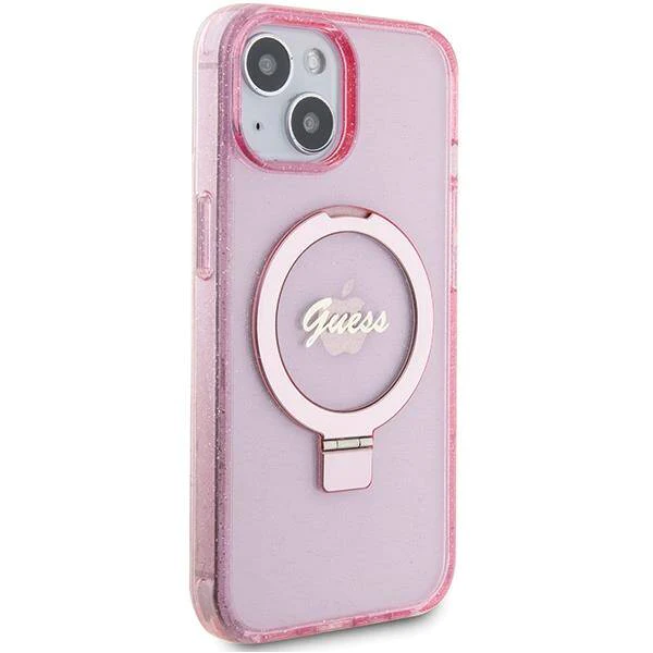 iPhone 15 MagSafe met Ringstandaard Hoesje | Guess Hoesje | Glitter Roze – foto 2