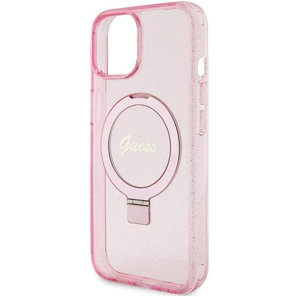 iPhone 15 MagSafe met Ringstandaard Hoesje | Guess Hoesje | Glitter Roze – foto 3