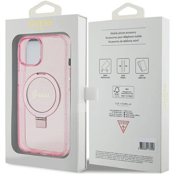 iPhone 15 MagSafe met Ringstandaard Hoesje | Guess Hoesje | Glitter Roze – foto 5