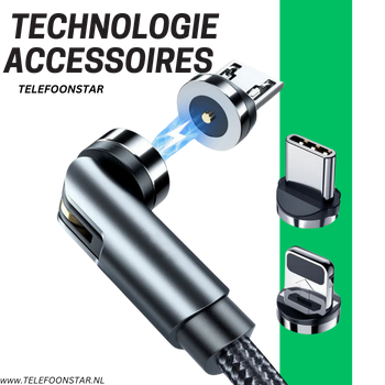 Magnetische Oplaadkabel &ndash; Huismerk &ndash; 360&deg; Draaibaar | Inclusief USB-C & Micro-USB Adapter