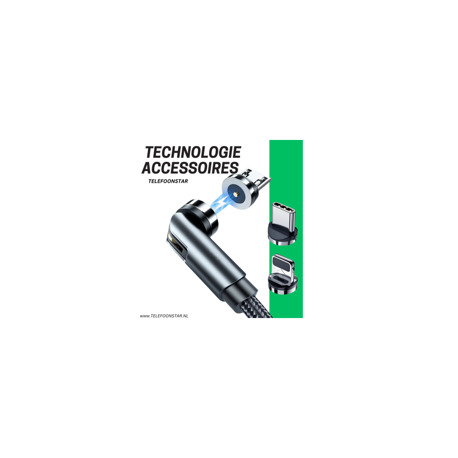 Magnetische Oplaadkabel &ndash; Huismerk &ndash; 360&deg; Draaibaar | Inclusief USB-C &amp; Micro-USB Adapter