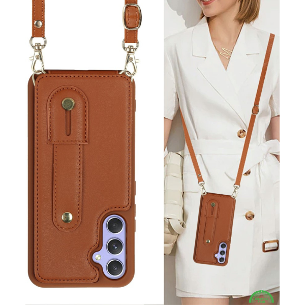Samsung Galaxy S26 Case Kickstand Card Slots Leather Coated TPU Cover with Shoulder Strap Bruin – foto 5