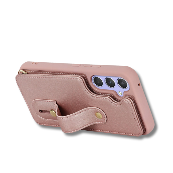 Samsung Galaxy S26 Case Kickstand Card Slots Leather Coated TPU Cover with Shoulder Strap Roze – foto 2