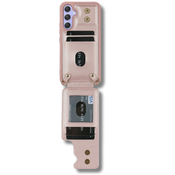 Samsung Galaxy S26 Case Kickstand Card Slots Leather Coated TPU Cover with Shoulder Strap Roze – foto 3