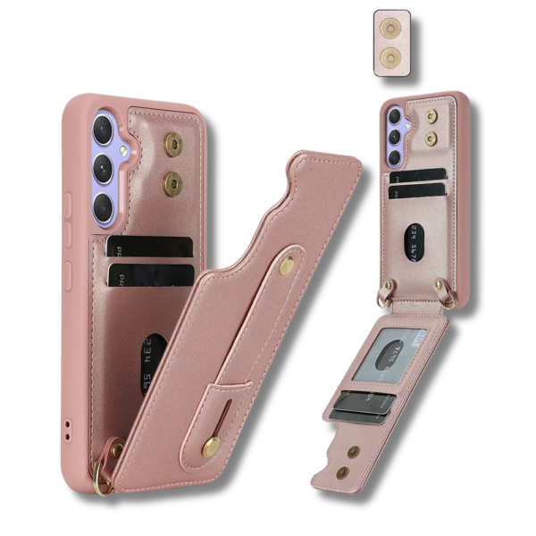 Samsung Galaxy S26 Case Kickstand Card Slots Leather Coated TPU Cover with Shoulder Strap Roze – foto 4