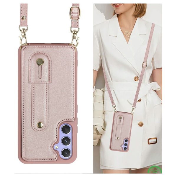 Samsung Galaxy S26 Case Kickstand Card Slots Leather Coated TPU Cover with Shoulder Strap Roze – foto 6