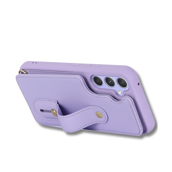 Samsung Galaxy S26 Case Kickstand Card Slots Leather Coated TPU Cover with Shoulder Strap Paars – foto 2