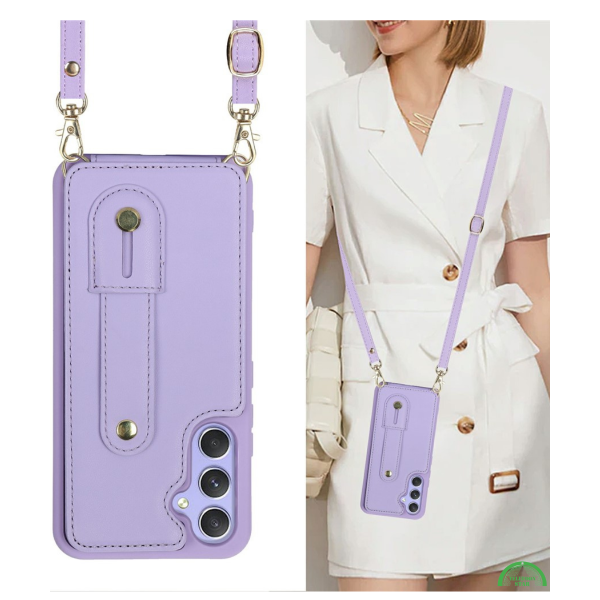 Samsung Galaxy S26 Case Kickstand Card Slots Leather Coated TPU Cover with Shoulder Strap Paars – foto 5