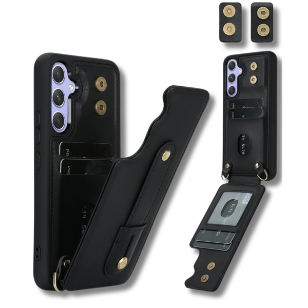 Samsung Galaxy S26 Case Kickstand Card Slots Leather Coated TPU Cover with Shoulder Strap - Black – foto 4