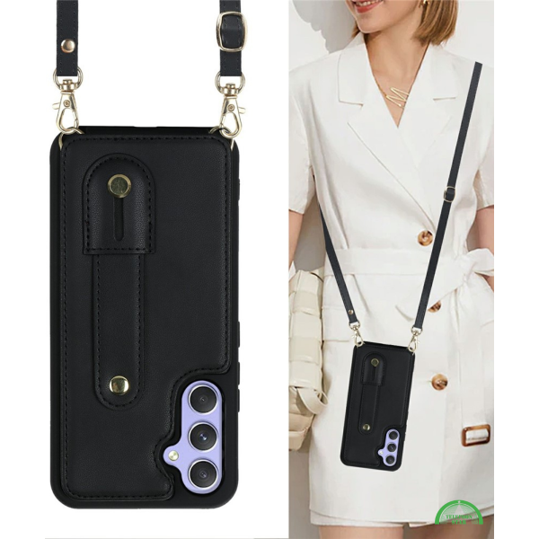 Samsung Galaxy S26 Case Kickstand Card Slots Leather Coated TPU Cover with Shoulder Strap - Black – foto 6